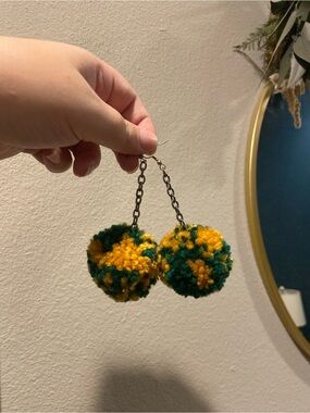 Green and Yellow Pom Pom Dangle Earrings